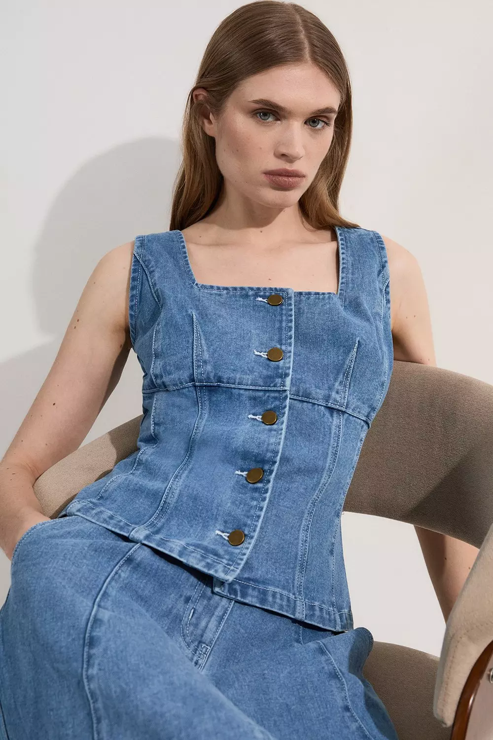 Denim Soft Wash Sleeveless Square Neck Top | Karen Millen